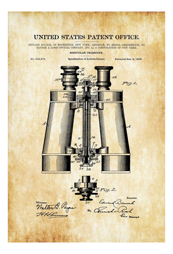 1908 Binocular Telescope Patent - Patent Print, Wall Decor, Telescope Décor, Vintage Telescope , Old Telescope, Binocular Patent Art Prints mypatentprints 