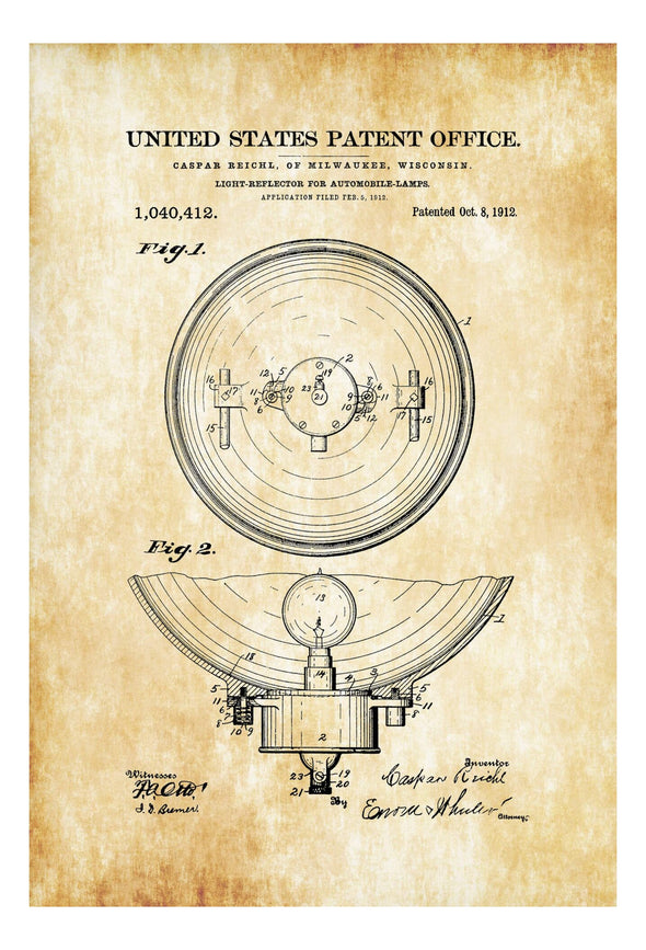 1912 Automobile Headlight Patent - Patent Print, Wall Decor, Automobile Decor, Automobile Art, Car Patent, Auto Patent, Head Light Blueprint Art Prints mypatentprints 10X15 Parchment 