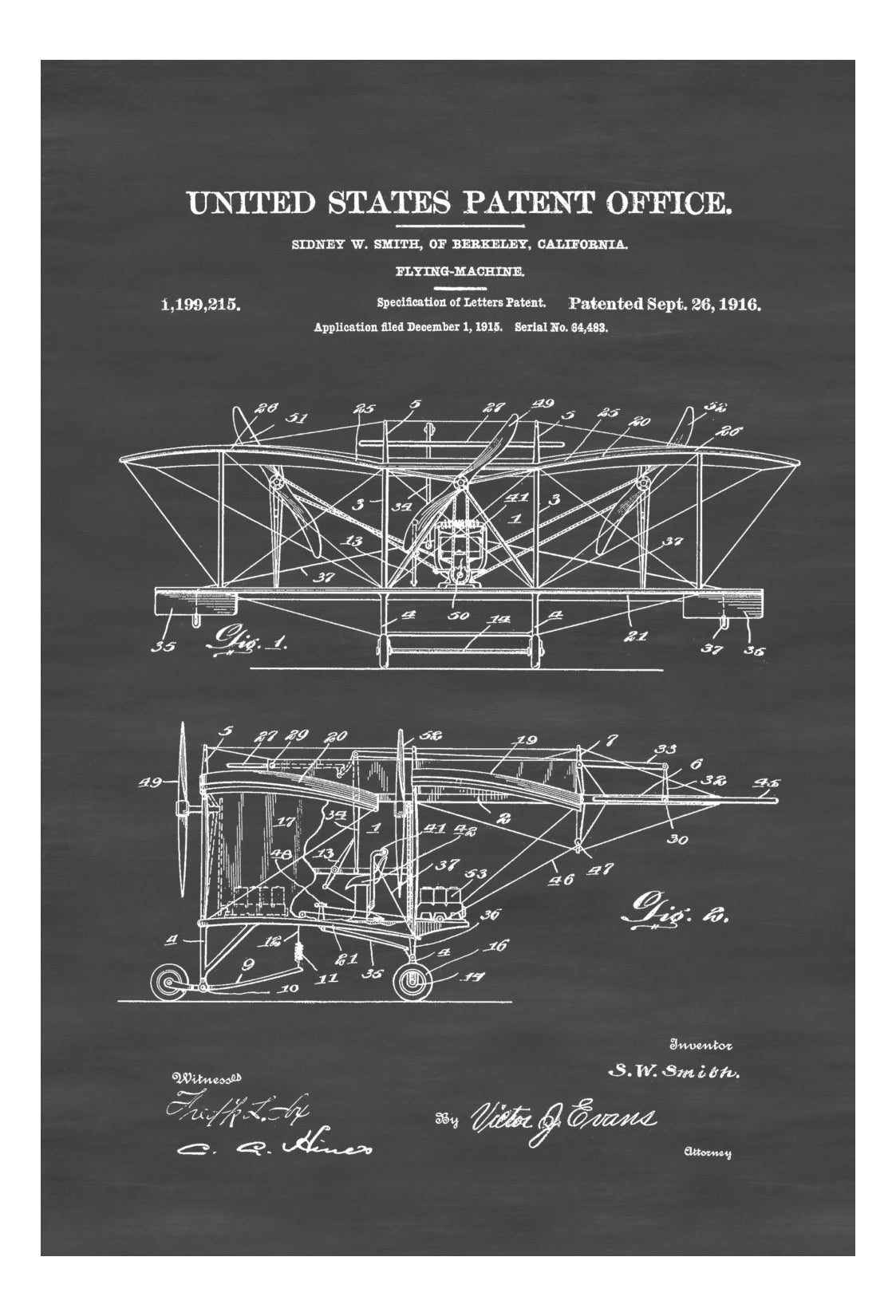 1916 Smith Flying Machine Patent - Airplane Blueprint, Vintage Aviatio ...
