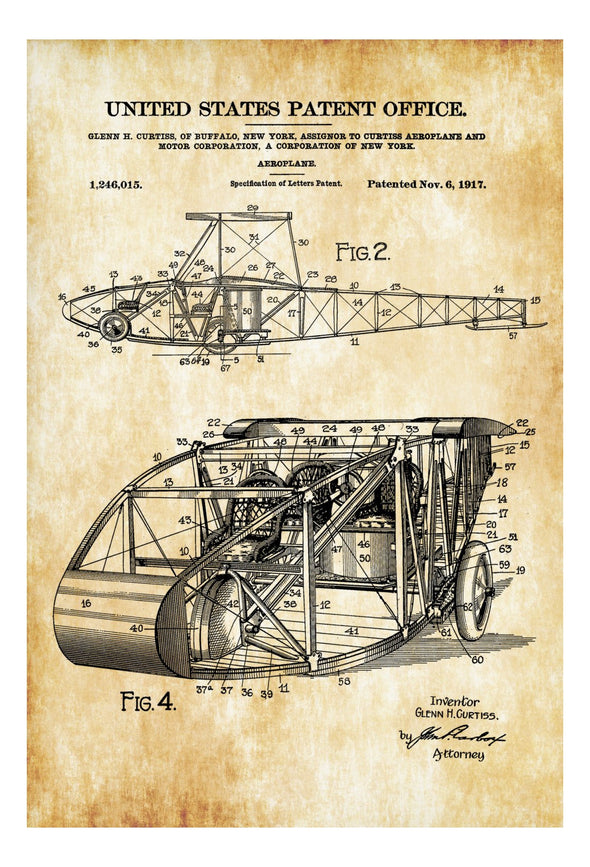 1917 Curtiss Aeroplane Patent Print - Vintage Airplane, Airplane Blueprint, Airplane Art, Pilot Gift,  Aircraft Decor, Airplane Poster,