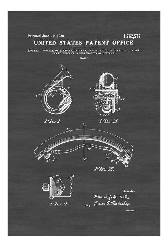 1930 Horn Patent - Patent Print, Wall Decor, Music Poster, Music Art, Brass Instrument, Wind Instrument, Brass Instrument Patent, Music Gift Art Prints mypatentprints 10X15 Parchment 