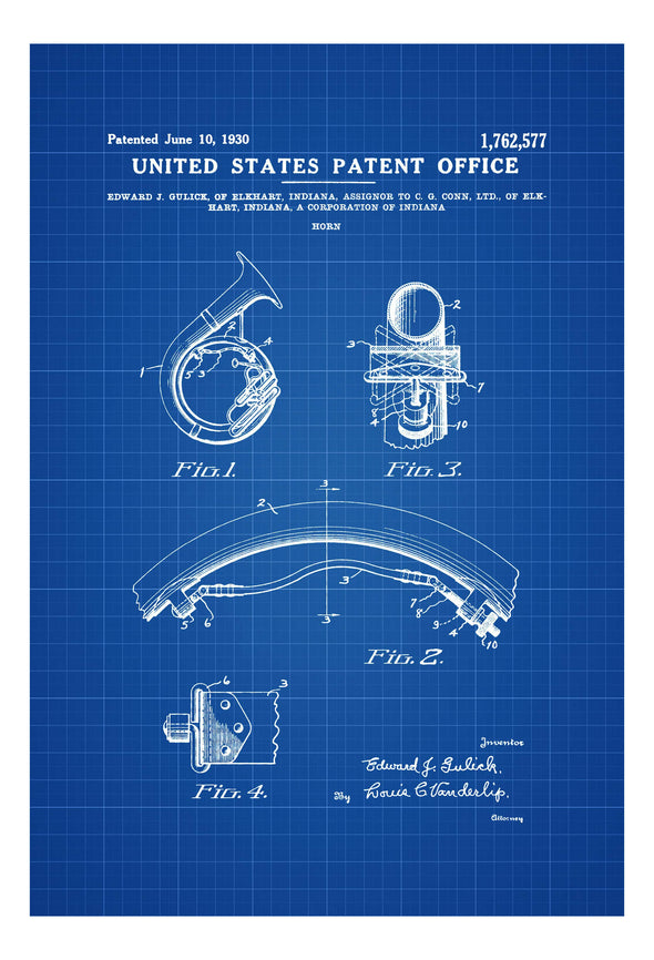 1930 Horn Patent - Patent Print, Wall Decor, Music Poster, Music Art, Brass Instrument, Wind Instrument, Brass Instrument Patent, Music Gift Art Prints mypatentprints 
