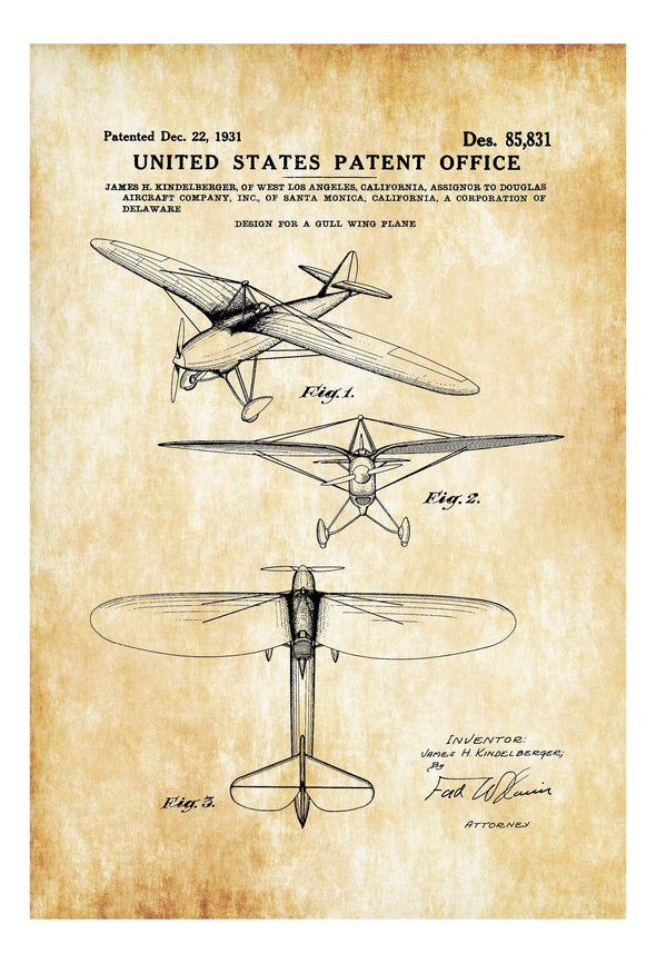 1931 Douglas Gull Wing Plane Patent - Vintage Airplane, Airplane Blueprint Decor, Pilot Gift, Airplane Poster, Douglas Aircraft Patent Art Prints mypatentprints 
