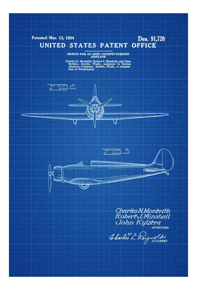 1934 Boeing Open Cockpit Pursuit Plane Patent - Aviation Art, Airplane Blueprint, Pilot Gift, Airplane Poster, Airplane Art, Boeing Patent