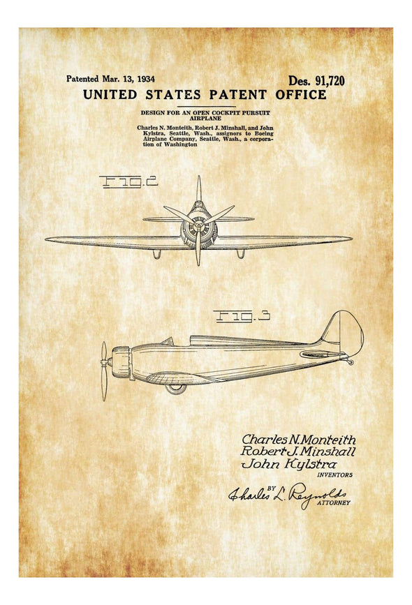 1934 Boeing Open Cockpit Pursuit Plane Patent - Aviation Art, Airplane Blueprint, Pilot Gift, Airplane Poster, Airplane Art, Boeing Patent