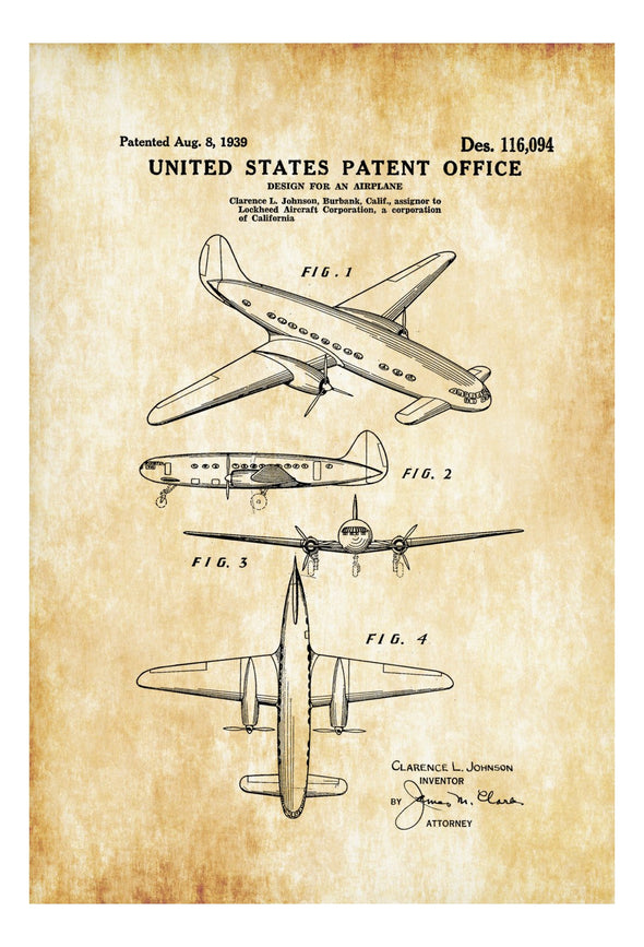 1939 Lockheed Airplane Patent - Vintage Airplane, Airplane Blueprint, Airplane Art, Pilot Gift,  Aircraft Decor, Airplane Poster,