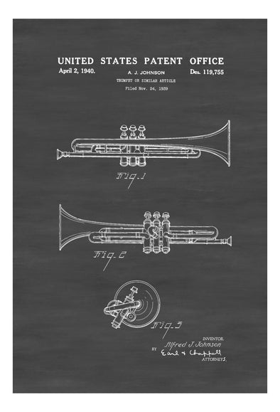 1940 Trumpet Patent - Patent Print, Wall Decor, Music Poster, Music Art, Music Room Decor, York Trumpet, Band Director Gift