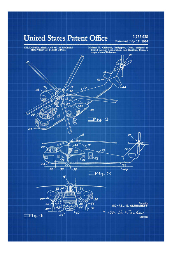 1956 Helicopter-Airplane Patent Print, Helicopter Blueprint, Helicopter Patent, Vintage Helicopter, Aviation Art, Pilot Gift, Aircraft Decor Art Prints mypatentprints 