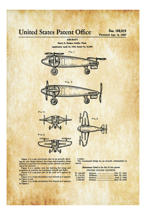 1957 Vertical Takeoff And Landing Airplane Patent - Aircraft Decor, Airplane Poster, Airplane Blueprint, Airplane Art, Pilot Gift, VTOL Art Prints mypatentprints 10X15 Parchment 