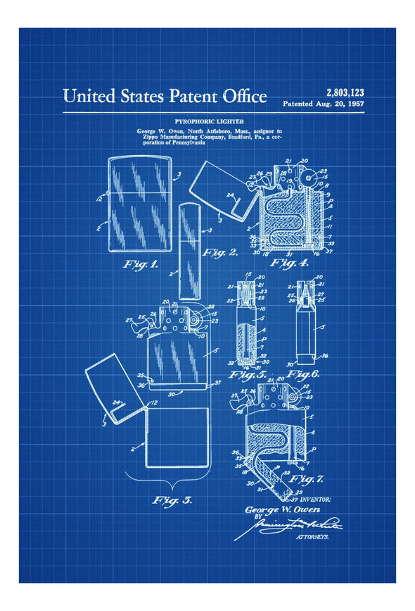 1957 Zippo Lighter Patent - Decor, Patent Print, Lighter Patent, Vintage Lighter, Lighter Blueprint, Zippo Patent, Cigar Lounge Decor
