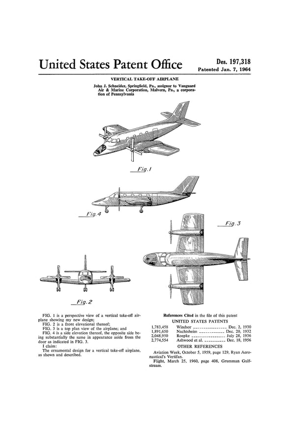 1964 Vanguard Vertical Takeoff And Landing Airplane Patent - Aircraft Decor, Airplane Poster, Airplane Blueprint, Airplane Art, Pilot Gift Art Prints mypatentprints 