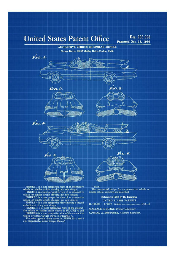 1966 Original Batmobile Design Patent - Batmobile Patent, Wall Decor, Batman, Batmobile Blueprint, Patent Print, Batman Car, Batman Patent Art Prints mypatentprints 10X15 Parchment 