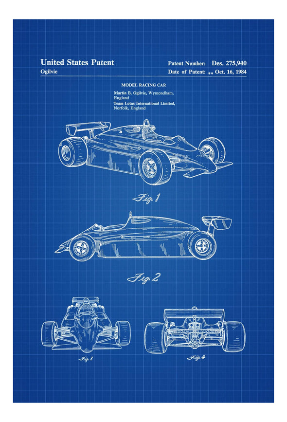 1984 Formula One Racing Car Patent - Patent Print, Wall Decor, Automobile Decor, Automobile Art, Racing Car, Formula One Lotus Patent Art Prints mypatentprints 