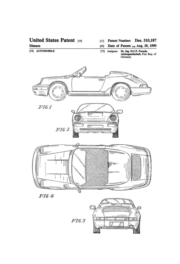 1990 Porsche 911 Convertible Patent - Patent Print, Wall Decor, Automobile Decor, Automobile Art, Sports Car, Porsche Decor, Porsche Patent