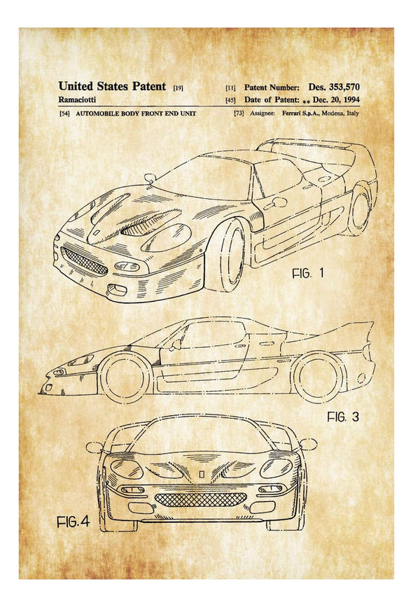 1994 Ferrari F40 Patent - Patent Print, Wall Decor, Automobile Decor, Automobile Art, Classic Car, Ferrari Patent