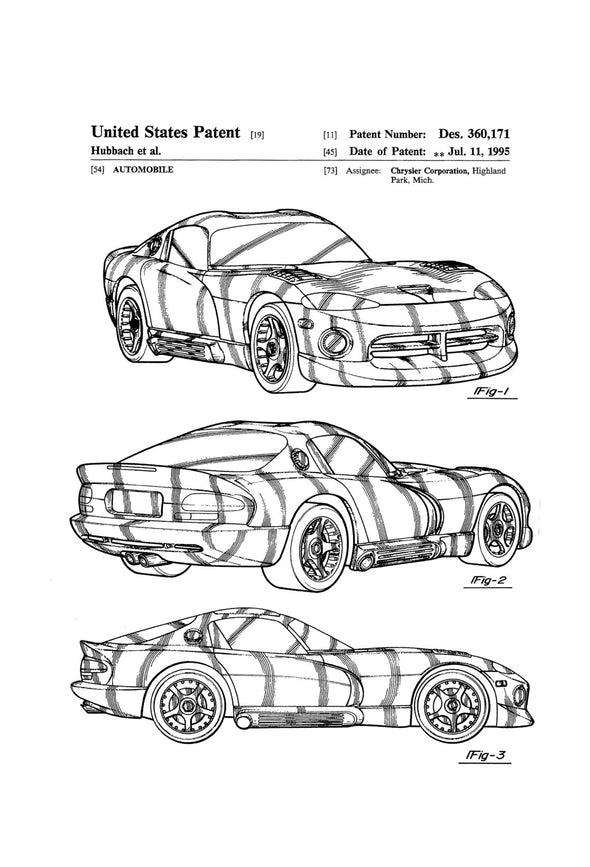 1996 Dodge Viper Patent - Patent Print, Wall Decor, Automobile Decor, Automobile Art, Classic Car, Viper Patent, Dodge Viper SRT