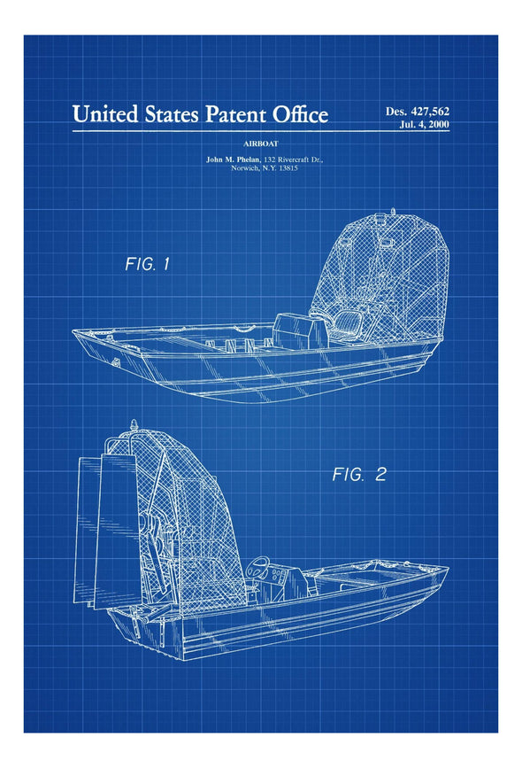 Airboat Patent - Patent Print, Vintage Nautical, Naval Art, Sailor Gift, Fishing Decor, Nautical Decor, Boating Decor, Bayou Boat Patent Art Prints mypatentprints 5X7 Blueprint 