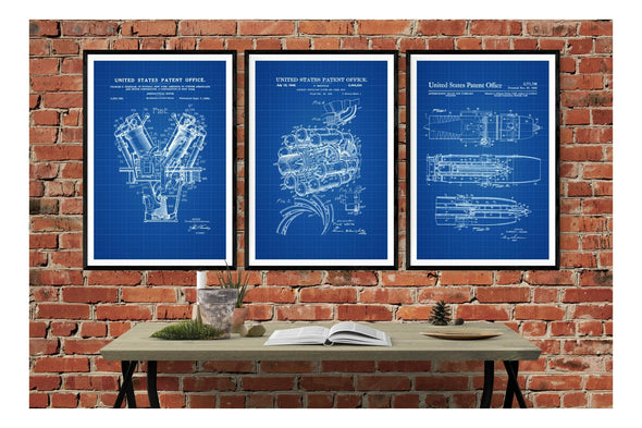 Airplane Engine Patent Collection of 3 Patent Prints - Vintage Airplane Decor, Airplane Blueprint, Airplane Art, Pilot Gift, Airplane Poster Art Prints mypatentprints 