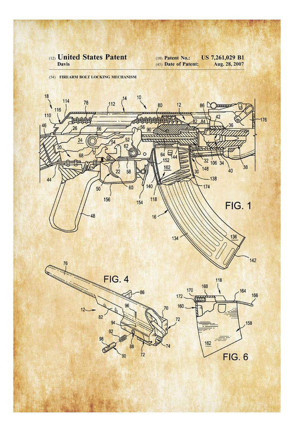 AK-47 Rifle Bolt Lock Patent - Patent Print, Wall Decor, Gun Art, Firearm Art, AK-47 Patent, Assault Rifle Patent. Kalashnikov Firearm