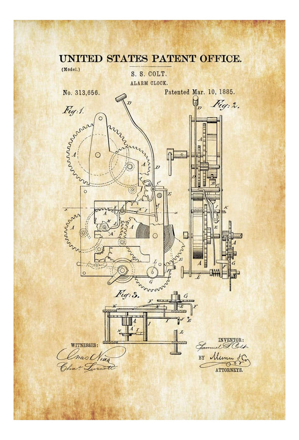Alarm Clock Patent 1885 - Patent Print, Vintage Clock, Vintage Wall Decor, Vintage Print, Wind Up Alarm Clock