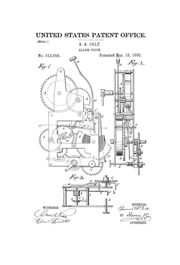 Alarm Clock Patent 1885 - Patent Print, Vintage Clock, Vintage Wall Decor, Vintage Print, Wind Up Alarm Clock