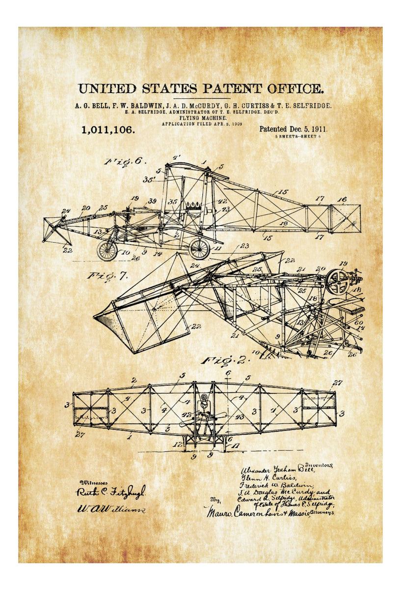 Alexander Bell Flying Machine Patent - Airplane Blueprint, Vintage Avi ...