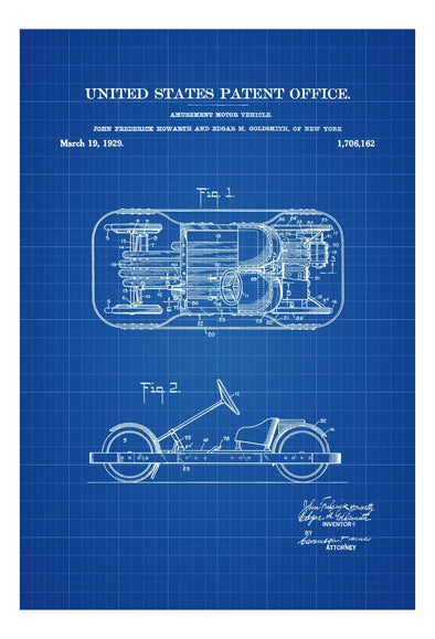Amusement Go Kart Patent - Patent Print, Kids Room Décor, Motor Vehicle Patent, Go-kart Patent, Vintage Patent, Game Room Art Art Prints mypatentprints 5X7 Blueprint 
