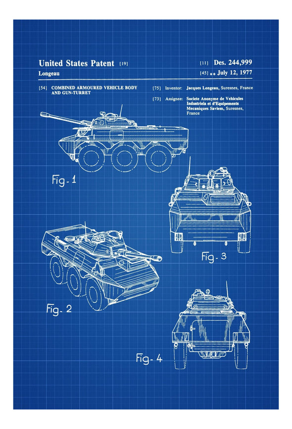 Armored Vehicle and Gun Turret Patent - Patent Poster, Military Tank, Military Decor, Army Gift, Military Gift, Armored Vehicle Blueprint Art Prints mypatentprints 10X15 Parchment 