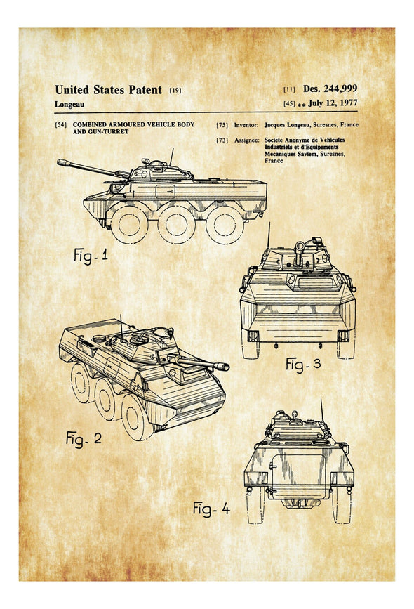 Armored Vehicle and Gun Turret Patent - Patent Poster, Military Tank, Military Decor, Army Gift, Military Gift, Armored Vehicle Blueprint Art Prints mypatentprints 