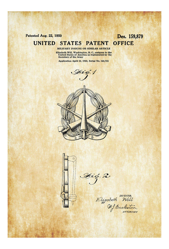 Army Insigne Patent - Patent Print, Wall Decor, Military Decor, Military Insigne, Army Gift, Military Gift, Military Medal Art Prints mypatentprints 10X15 Parchment 