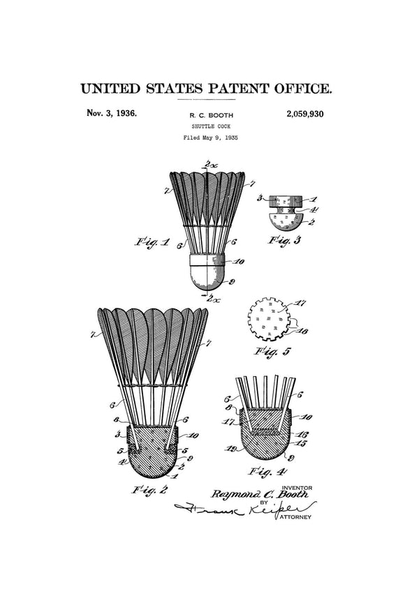 Badminton Bird Patent Print 1936 - Shuttle Cock Patent, Wall Decor, Badminton Art, Badminton Patent, Badminton Blueprint, Badminton Poster Art Prints mypatentprints 
