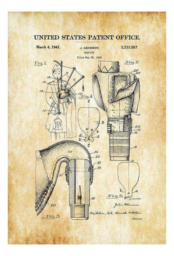 Bagpipe Patent 1940 - Patent Print, Wall Decor, Music Poster, Music Art, Bagpipe, Scottish Music, Musician Gift, Music Decor, Bagpipe Poster Art Prints mypatentprints 10X15 Parchment 