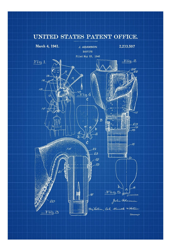 Bagpipe Patent 1940 - Patent Print, Wall Decor, Music Poster, Music Art, Bagpipe, Scottish Music, Musician Gift, Music Decor, Bagpipe Poster Art Prints mypatentprints 