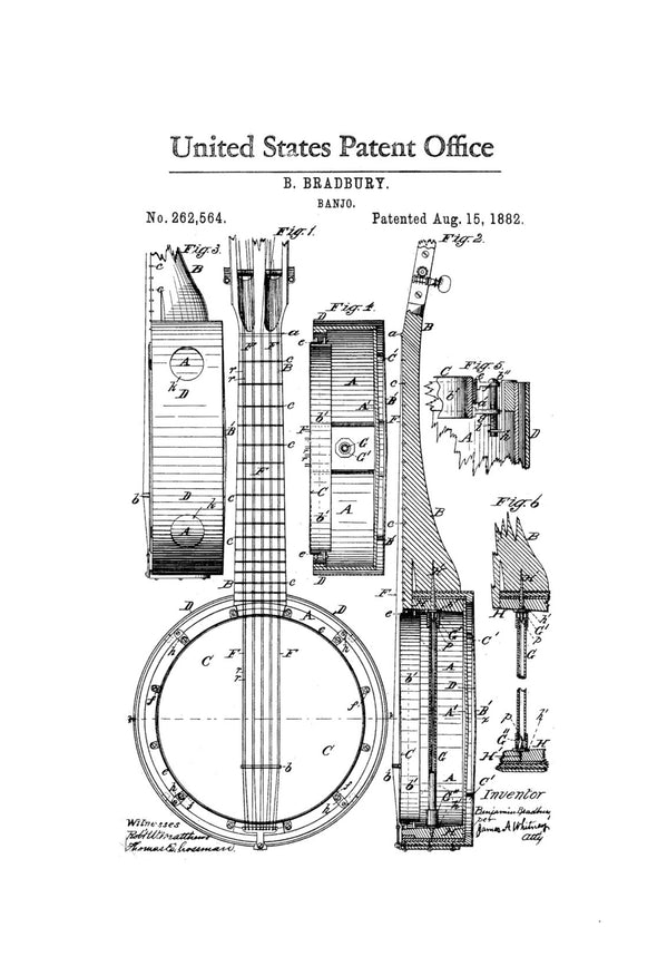 Banjo Patent 1882 - Patent Print, Wall Decor, Music Poster, Music Art, Musical Instrument Patent, Vintage Music, Bluegrass, Folk Music