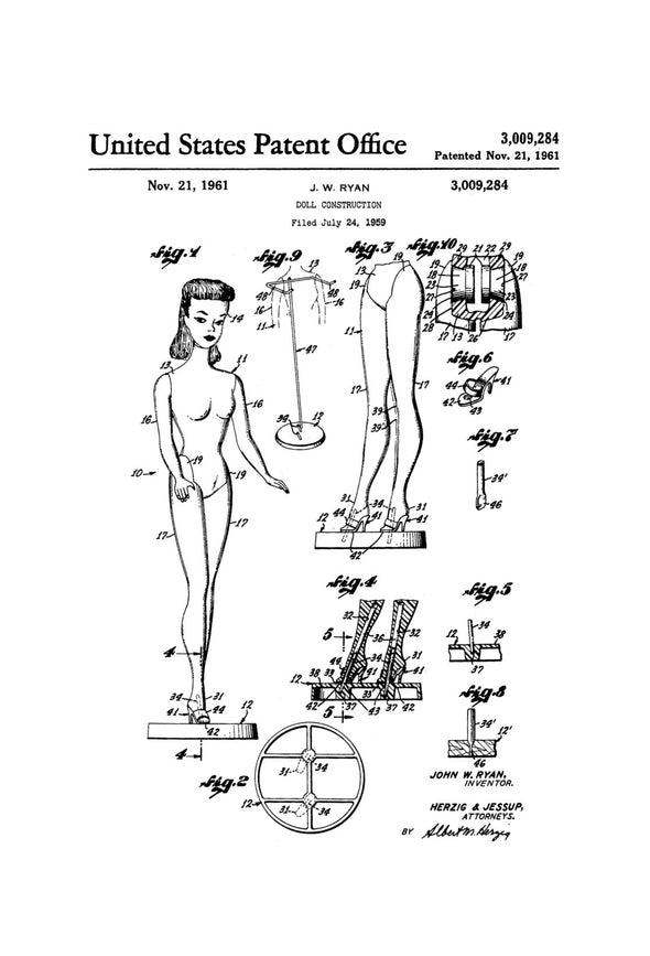 Barbie Doll Patent Poster - Vintage Doll, Barbie Patent, Doll Patent, Mattel, Barbie Art, Toy Patent,