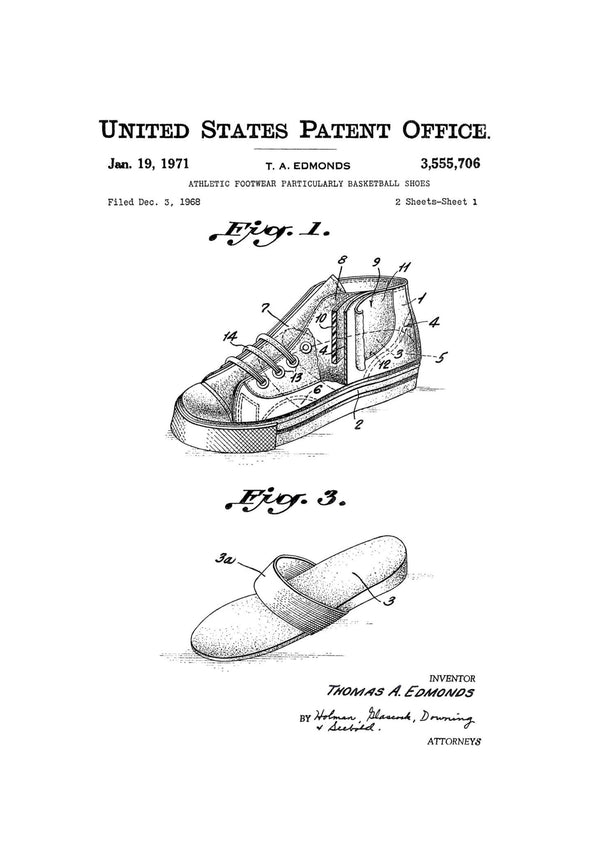 Basketball Shoes Patent Print 1968 - Wall Decor, Basketball Art, Basketball Poster, Basketball Patent, Sports Patent, Sports Art Art Prints mypatentprints 