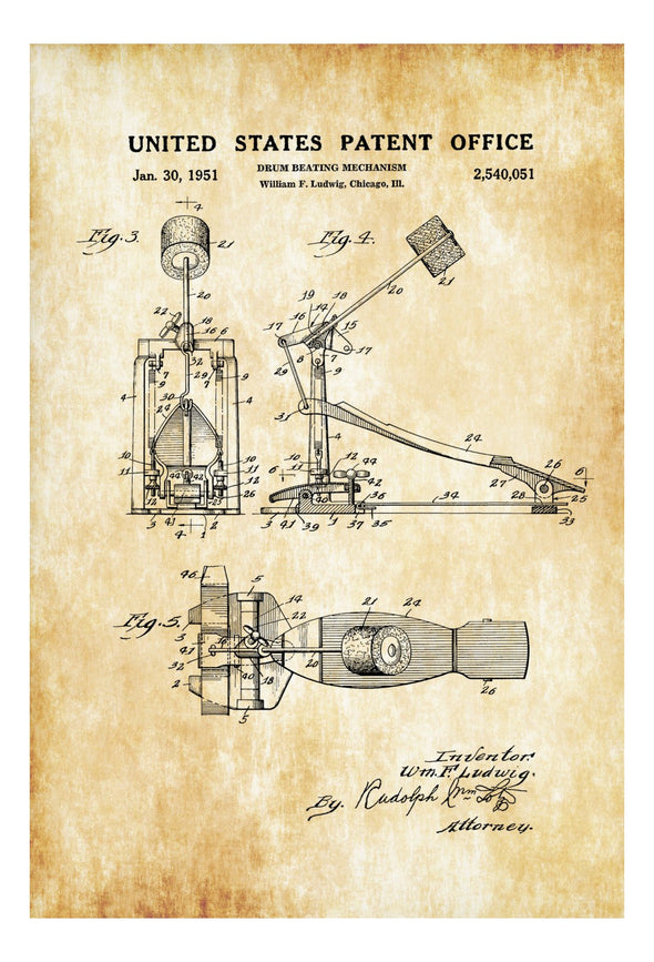 Bass Drum Pedal Patent - Patent Print, Wall Decor, Music Poster, Musical Instrument Patent, Drum Patent, Drummers, Drum Set, Bass Drum