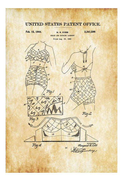 Bathing Suit Patent 1944 - Fashion Art, Girls Room Decor, Fashion Decor, Vintage Swimwear, Vintage Swimsuit, Beach House Decor