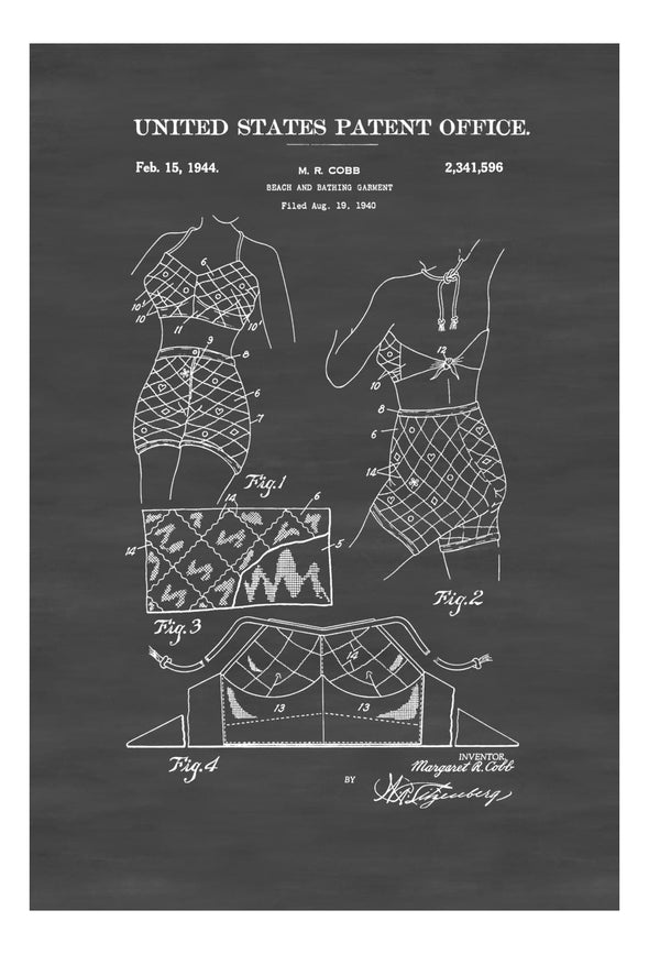 Bathing Suit Patent 1944 - Fashion Art, Girls Room Decor, Fashion Decor, Vintage Swimwear, Vintage Swimsuit, Beach House Decor