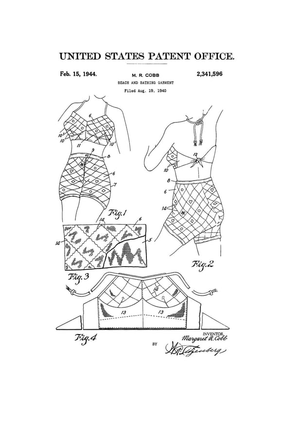 Bathing Suit Patent 1944 - Fashion Art, Girls Room Decor, Fashion Decor, Vintage Swimwear, Vintage Swimsuit, Beach House Decor