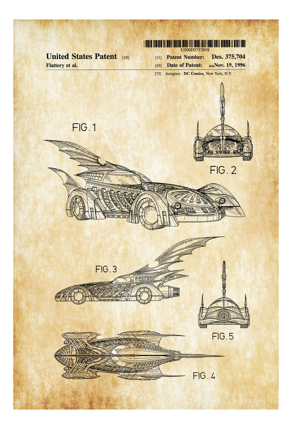 Batmobile Patent Poster - Patent Print, Wall Decor, Batman, Batmobile, DC Comics, Dark Knight