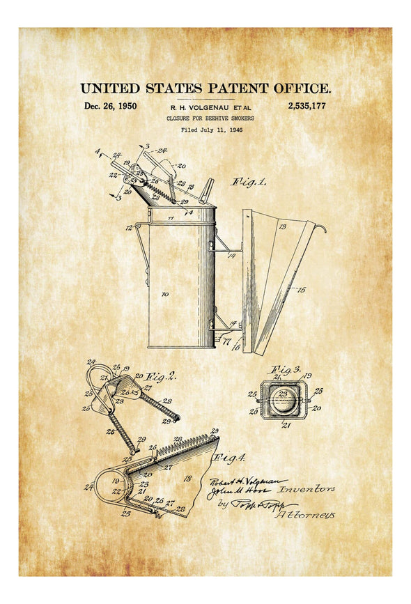 Bee Hive Smoker Patent Print 1950 - Wall Decor, Bee Keeper, Honey Bee, Bee Smoker, Farmhouse Decor, Bee Keeper Patent, Bee Keeper Gift Art Prints mypatentprints 