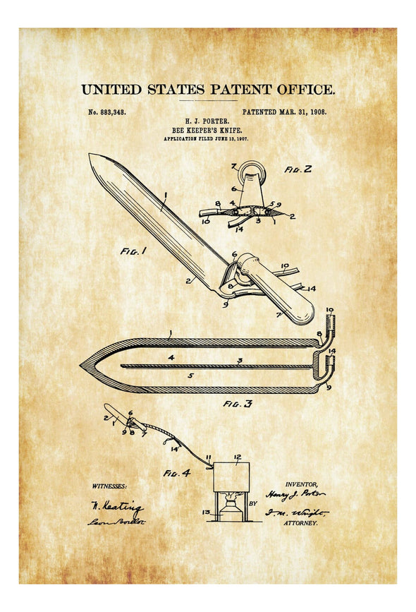 Bee Keeper Knife Patent Print 1908 - Wall Decor, Bee Keeper, Honey Bee, Honeycomb, Farmhouse Decor, Bee Keeper Patent, Bee Keeper Gift Art Prints mypatentprints 10X15 Parchment 