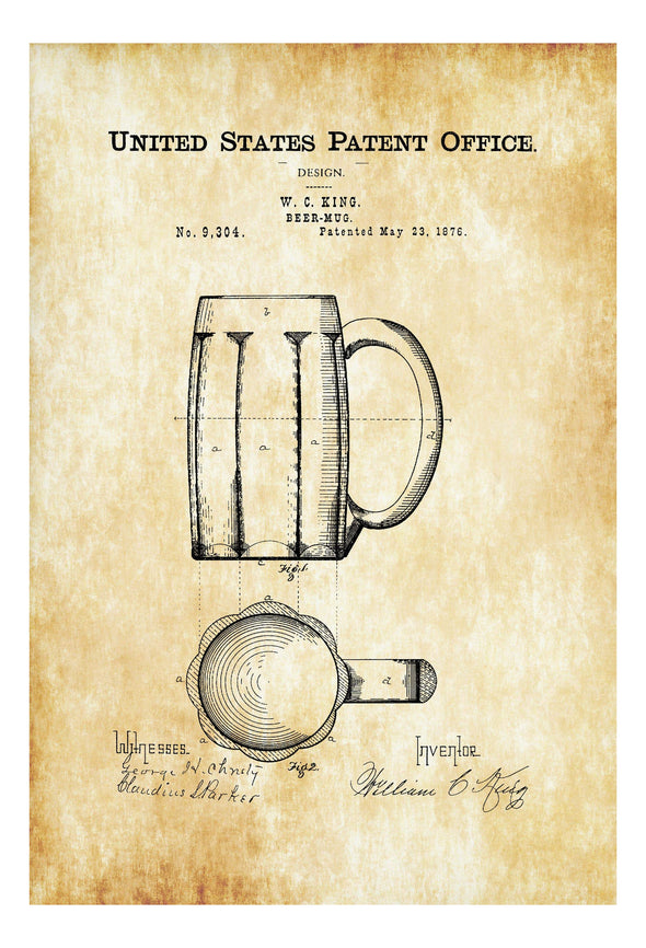 Beer Mug Patent 1876 - Patent Print, Bar Decor, Restaurant Decor, Wall Decor, Beer Patent, Beer Poster, Beer Art, Beer Lover Gift Mug mypatentprints 10X15 Parchment 