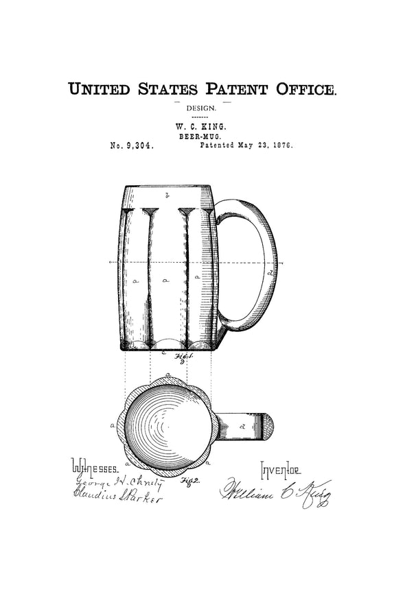 Beer Mug Patent 1876 - Patent Print, Bar Decor, Restaurant Decor, Wall Decor, Beer Patent, Beer Poster, Beer Art, Beer Lover Gift Mug mypatentprints 