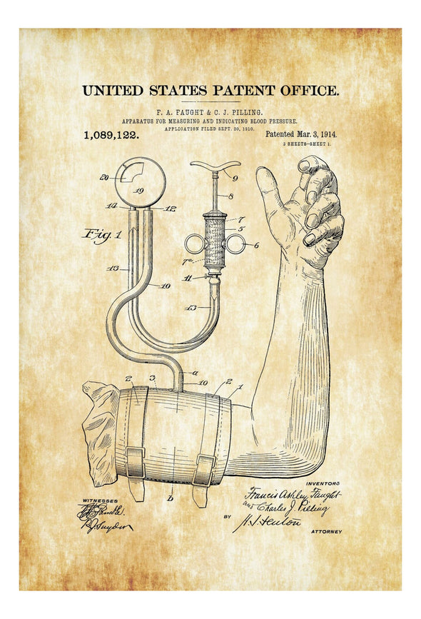Blood Pressure Monitor Patent 1914 - Doctor Office Decor, Nurse Gift, Medical Art, Medical Decor, Patent Print, Sphygmomanometer Patent Art Prints mypatentprints 10X15 Parchment 