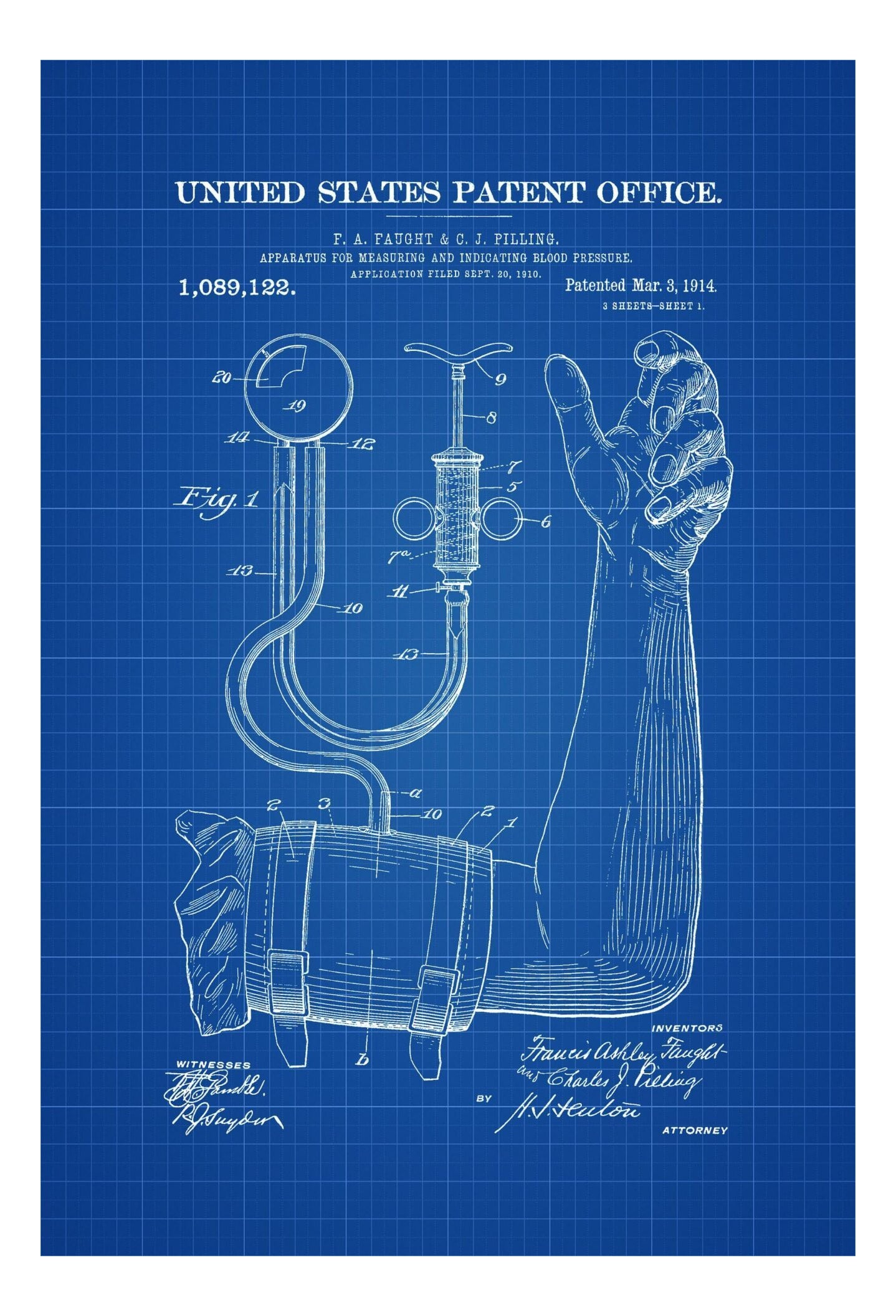 First Bp Machine Invention Blood Pressure Monitor Patent 1914 - Doctor Office Decor, Nurse Gift ...