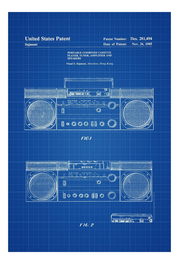 Boom Box Patent Print Poster- Wall Décor, Music Poster, Studio Décor, Music Decor, Music Buff, Vintage Cassette Player Patent, Tape Player Art Prints mypatentprints 