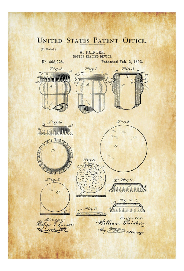 Bottle Cap Patent Print 1892 - Decor, Kitchen Decor, Beer Decor, Patent Print, Wall Decor, Bar Decor, Man Cave Decor, Bottle Cap Print Art Prints mypatentprints 10X15 Parchment 