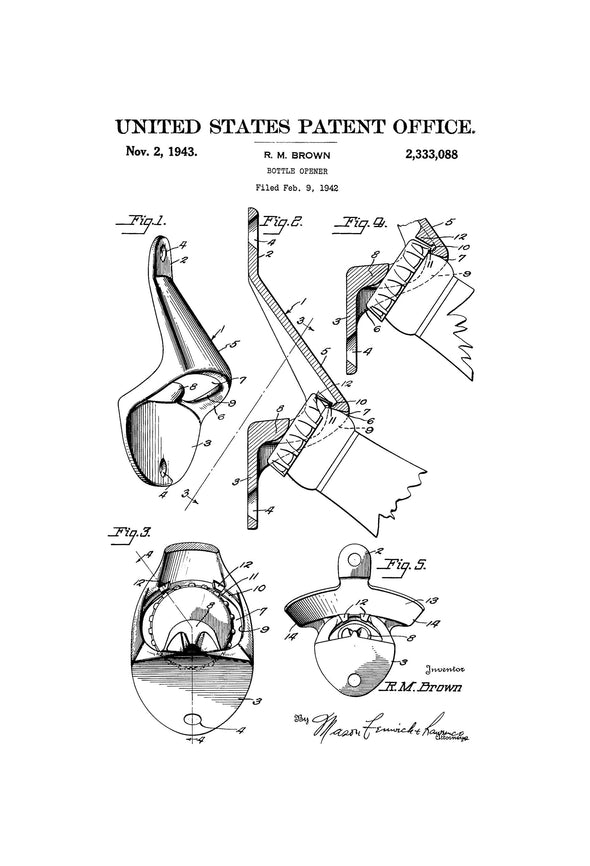 Bottle Opener Patent 1943 - Patent Print, Decor, Kitchen Decor, Beer Decor, Patent Print, Wall Decor, Bar Decor, Man Cave Decor Art Prints mypatentprints 